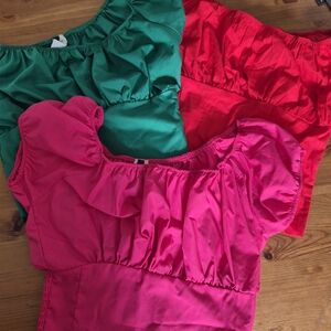 Vibrant Off-Shoulder Tops in Green, Red, and Pink
